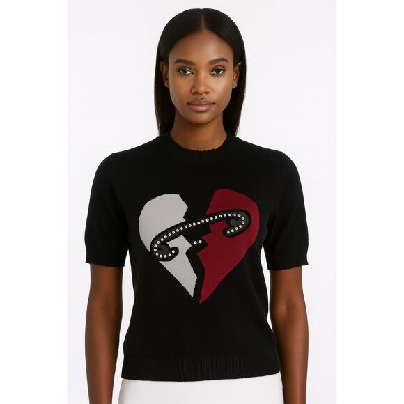Minnie Rose Pink Heart Graphic Short Sleeve Cotton Cashmere Sweater - Picture 1 of 9